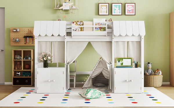 English Elm Twin Loft Bed Cottage-Style Playhouse with Built-In Bookshelf, Curtain & Storage, Safe Guardrails White W1580S00355