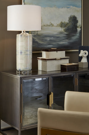 Wildwood Coral Ceramic Lamp With Laura Park Art Decal, Pale Blue Finish, Crystal Mounting & Linen Shade 25702