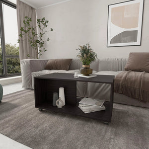 English Elm Wengue Coffee Table With Open Shelf, Caster Wheels For Easy Mobility & Chic Storage Solution B062P290219-GIGA