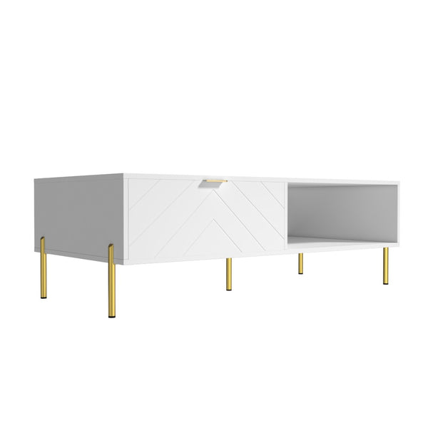 English Elm Mid-century Modern Coffee Table with Dual Drawers Tapered Legs and Open Storage Shelf White T3609P482851