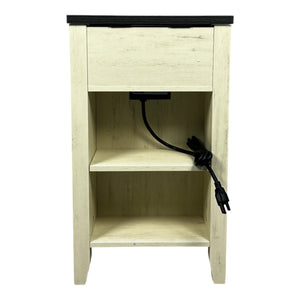 English Elm Farmhouse Nightstand with Charging Station and Barn Door Drawer — USB-C, AC Outlets, Compact Storage White+Black W1412P230408