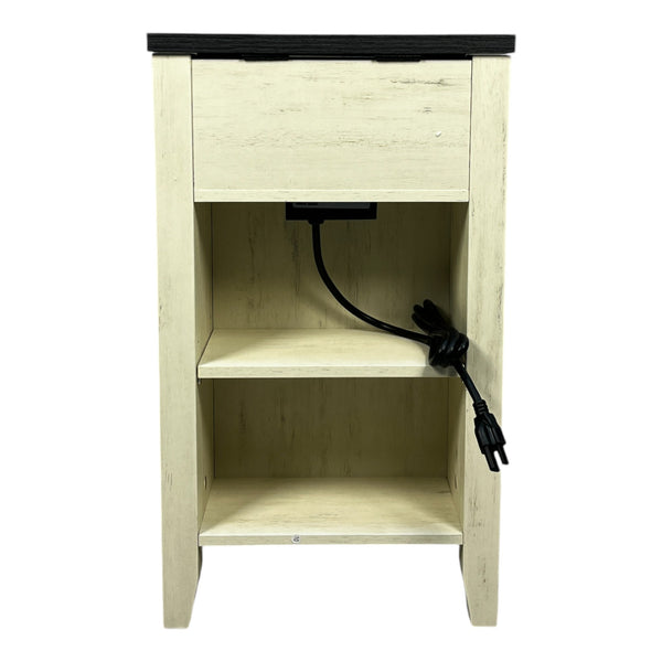 English Elm Farmhouse Nightstand with Charging Station and Barn Door Drawer — USB-C, AC Outlets, Compact Storage White+Black W1412P230408