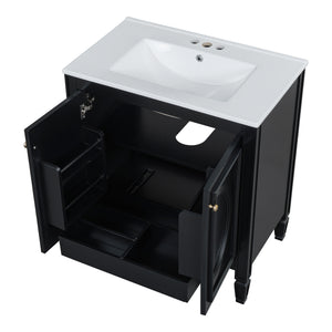English Elm Christopher Knight Home® - 30" Bathroom Vanity with Sink Vintage Freestanding Ceramic Top Soft-Close Doors Gold Knobs, Storage Black N759P226000B