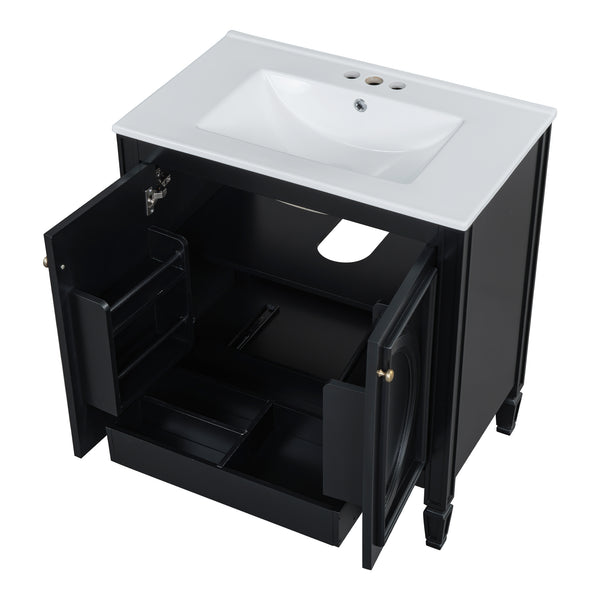 English Elm Christopher Knight Home® - 30" Bathroom Vanity with Sink Vintage Freestanding Ceramic Top Soft-Close Doors Gold Knobs, Storage Black N759P226000B