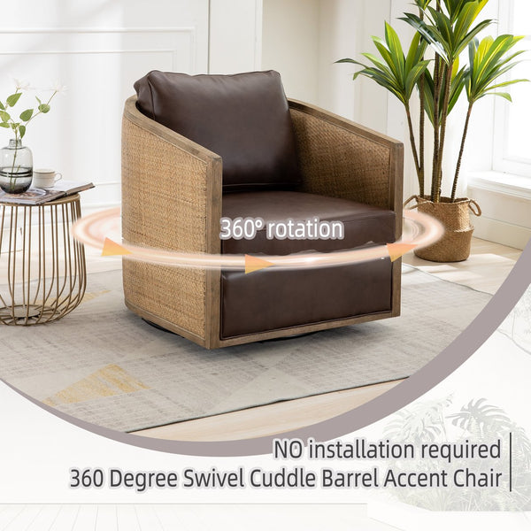 English Elm Swivel Barrel Chair with Plush Foam Upholstery, 360° Metal Base, Sturdy Hardwood Frame, Cozy Lounge Seat Brown W395102739