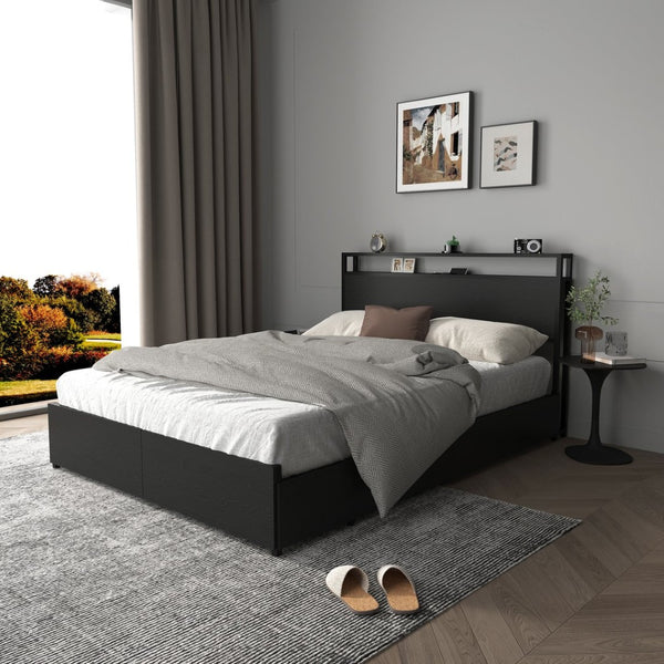 English Elm Full Platform Bed with 6 Storage Drawers Led Lighting and Usb Charging Headboard Shelf W2129P314788