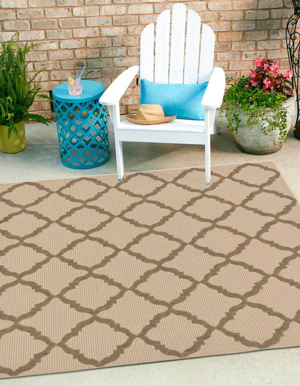 Unique Loom Outdoor Trellis Raised Trellis Machine Made Geometric Rug Beige, Beige/Brown 6' 1" x 6' 1"