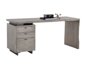 Sunpan Lewis Desk - Stunning Live Edge Design with Solid Acacia Wood, Brass Accents, and Three Drawers Grey