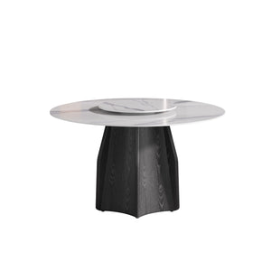 English Elm 53" Round Marble Dining Table With Lazy Susan, Black Oak Base For 6, Modern Elegance For Your Home W1535S00380