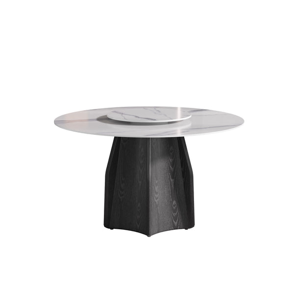 English Elm 53" Round Marble Dining Table With Lazy Susan, Black Oak Base For 6, Modern Elegance For Your Home W1535S00380