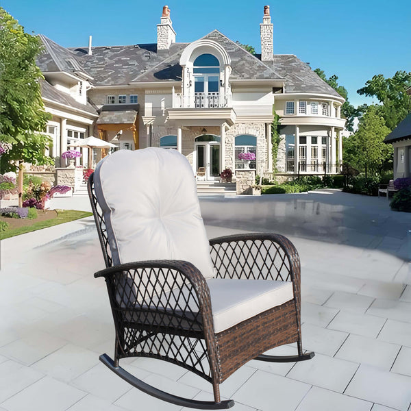 English Elm Outdoor Wicker Rocking Chair with Wide Seat, Thick Removable Cushion, Steel Frame, Weatherproof Design W209P268007