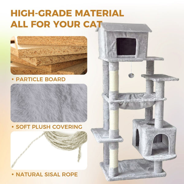 English Elm Beige Plush Multi-cat Tower with Sisal Posts Hammock and Enclosed Hideaway 64in Light Gray W243P326763