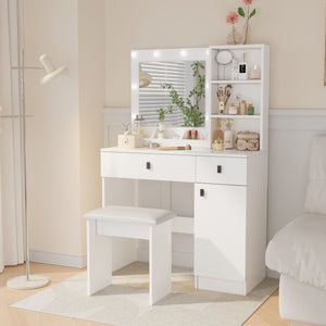 English Elm Vanity LED Makeup Desk with 3-Mode Mirror, Adjustable Brightness, Large Drawers & Shelves White W2139P194436