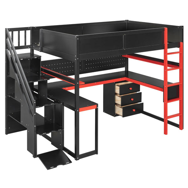 English Elm Full Size Gaming Loft Bed with Led Lighting Desk Shelves and Usb Charging Ports N820S00071J