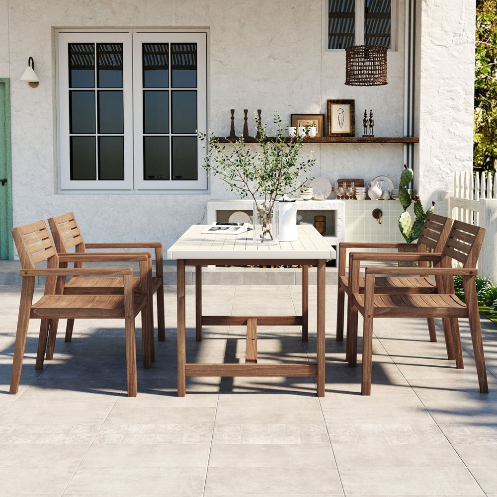 English Elm U_style Solid Acacia Wood Outdoor Dining Set Seats Four with Umbrella Hole Patio Light Brown,Light Gray WY000477AAD