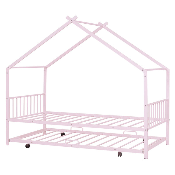English Elm Twin House Metal Platform Bed with Trundle for Kids — Sturdy 350lb Capacity, Playful Loft Frame Design Pink MF323494AAH