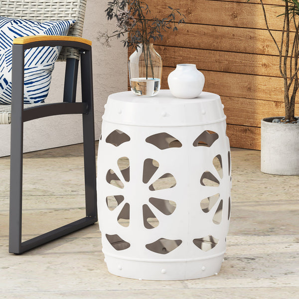 English Elm Metal end Table with Powder-Coated Iron Frame and Floral Cut Design, Modern Minimal Accent Table White 23.75 L x 19.75 W x 19.75 H W2297P188309