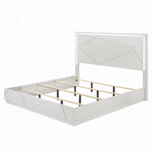 English Elm Ultra Modern white and silver high gloss Queen Bed with LED Headboard and Embossed Line Design Glossy White 84 L x 34 W x 7 H B2741S00747