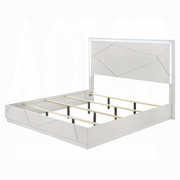 English Elm Ultra Modern white and silver high gloss Queen Bed with LED Headboard and Embossed Line Design Glossy White 84 L x 34 W x 7 H B2741S00747