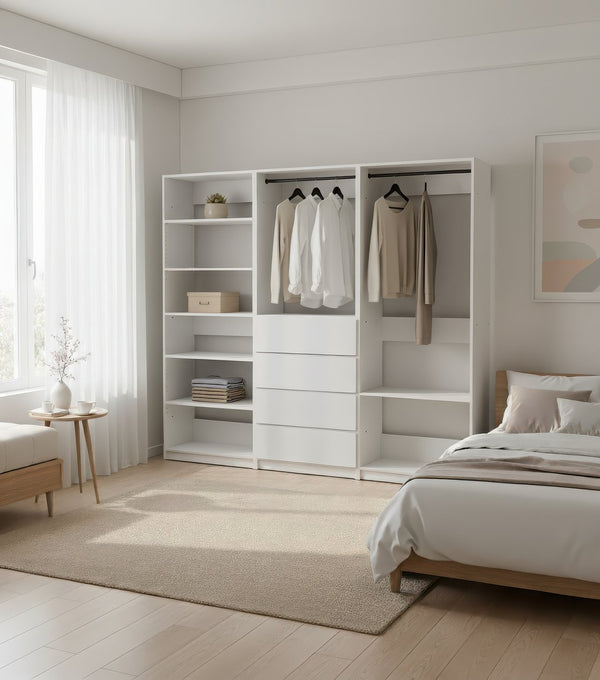 English Elm Prosper White Freestanding Walk-In Wood Closet System – Modular Melamine Oak Finish, Durable Storage Craftsmanship B040S00149