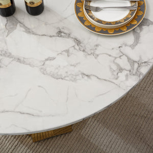 English Elm 47" Round Marble Dining Table - Modern High Gloss Faux Marble Top & Stainless Steel Base For Stylish Spaces W3456S00010