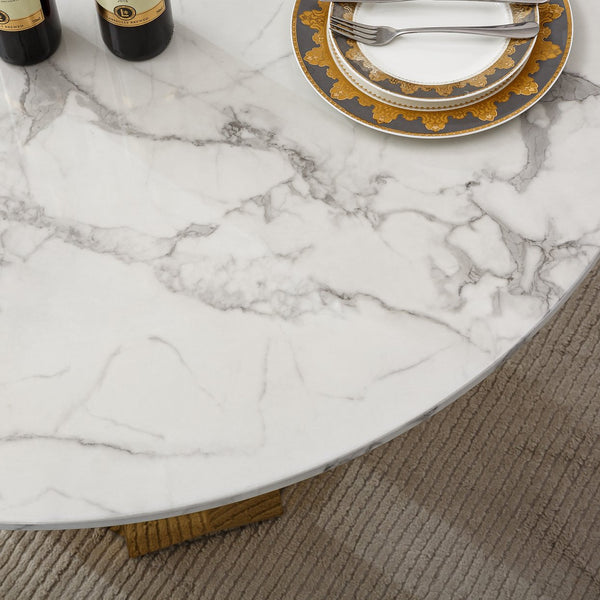 English Elm 47" Round Marble Dining Table - Modern High Gloss Faux Marble Top & Stainless Steel Base For Stylish Spaces W3456S00010