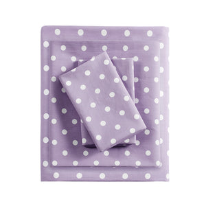 JLA Home Mi Zone - Printed Polka Dot 100% Cotton Sheet Set for Kids — Breathable OEKO-TEX Percale, Durable & Cozy Purple MZ20-419