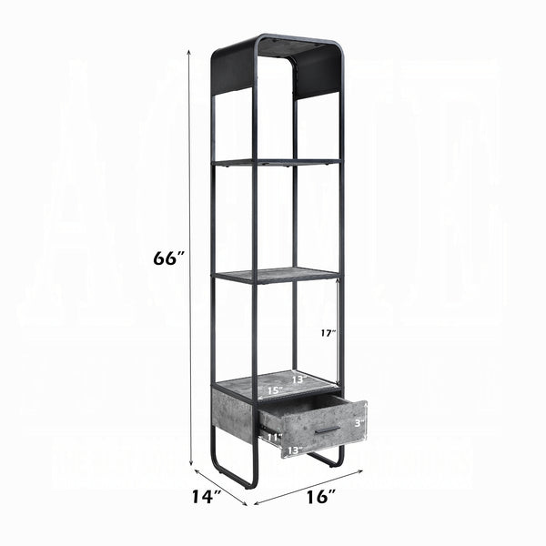 English Elm Modern Concrete Gray Side Pier with Drawer & Black Metal Frame, Open Shelves for Stylish Storage B2741P337176