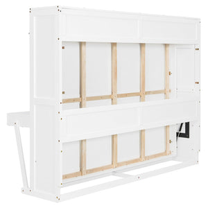 English Elm Queen Murphy Bed Cabinet with Vanity Desk Hydraulic Lift Mirror Distressed Finish White LP000766AAK-1