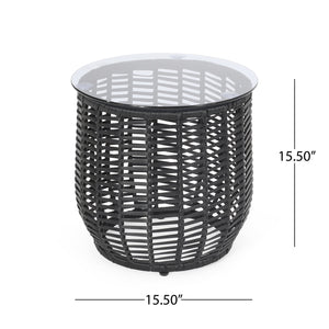 English Elm Christopher Knight Home® - ARIAS RATTAN SIDE TABLE with Tempered Glass Top, Boho Drum Design, Durable Woven Polyethylene Finish Black 65764.00BLK