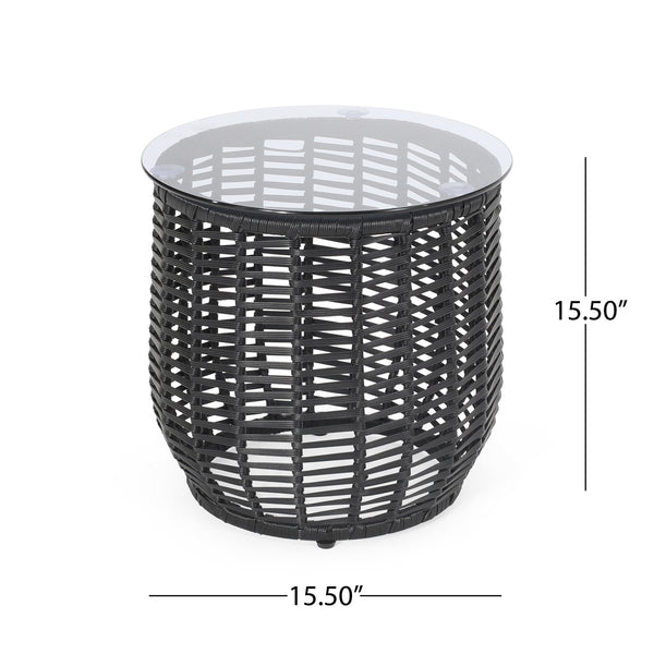 English Elm Christopher Knight Home® - ARIAS RATTAN SIDE TABLE with Tempered Glass Top, Boho Drum Design, Durable Woven Polyethylene Finish Black 65764.00BLK