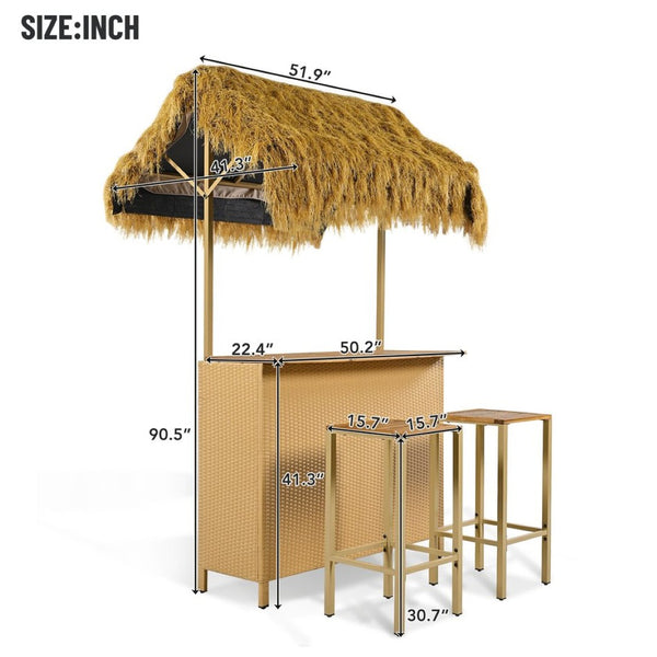 English Elm Go Tropical Tiki Bar Patio Set Acacia Wood Top Pe Wicker Stools with Grass Canopy WF530958AAA