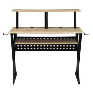 English Elm Natural Music Desk with Cord Management, Keyboard Tray, Hutch & Headphone Rack for Musicians - Efficient Organized Workspace, Natural/Black Finish B062P184577