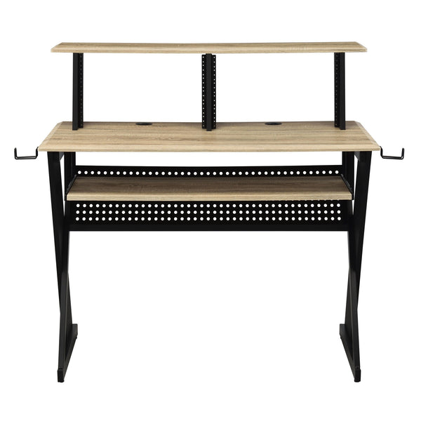 English Elm Natural Music Desk with Cord Management, Keyboard Tray, Hutch & Headphone Rack for Musicians - Efficient Organized Workspace, Natural/Black Finish B062P184577