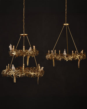 Currey & Company Aviary Gold Ring Chandelier - Elegant Botanical Design With Sculptural Birds And Adjustable Height Gold Wrought Iron ,Composite 9000-1320-currey-company