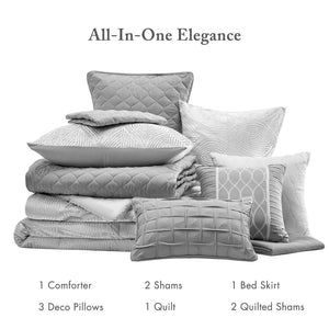 English Elm 10-piece King Velvet Jacquard Comforter Set with Quilted Shams and Layered Bed Skirt Grey B035P482944
