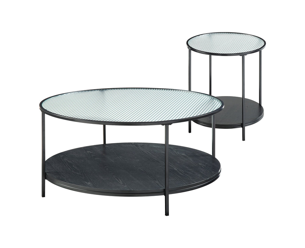 English Elm 2pc Zephyr Occasional Table Set with Fluted Glass Tops, Black Metal Frame & Wood Shelf, Modern Living Centerpiece B011P291534