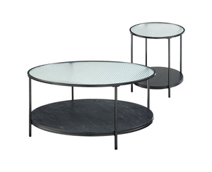 English Elm 2pc Zephyr Occasional Table Set with Fluted Glass Tops, Black Metal Frame & Wood Shelf, Modern Living Centerpiece B011P291534