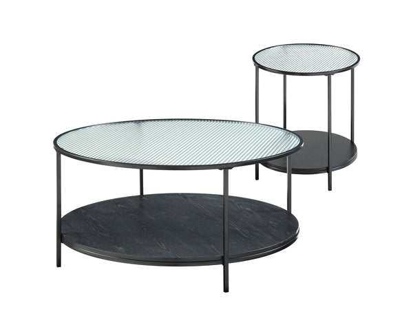 English Elm 2pc Zephyr Occasional Table Set with Fluted Glass Tops, Black Metal Frame & Wood Shelf, Modern Living Centerpiece B011P291534