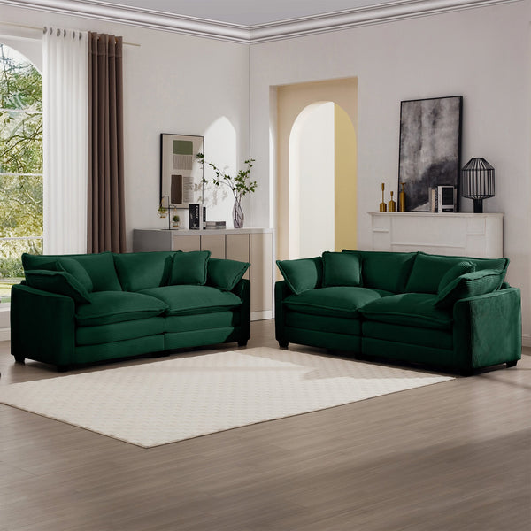 English Elm Modern Fabric Living Room Sofa Set - Two 2-Seater Green Corduroy Sofas With Plush Cushions & Style W714S00812
