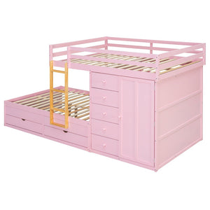 English Elm Full Size Bunk Bed with Integrated Drawers Wardrobe Mdf Solid Wood Kids Storage Pink LT000463AAH