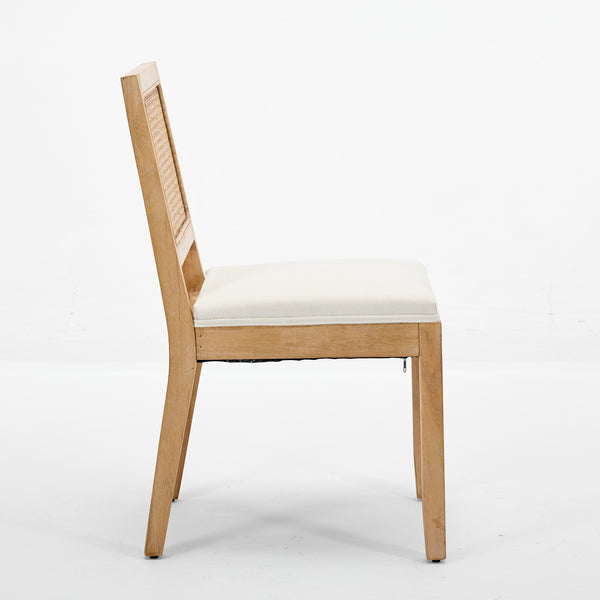 English Elm Farmhouse Rattan Dining Chairs Set of 2 — Mid-Century Cane Back, Solid Wood Frame, Linen Upholstery, Supportive Comfort Beige W1143P332689