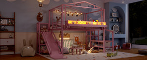 English Elm Twin Metal Loft Bed with Built-in Wardrobe Storage Stairs Led Lights and Usb Ports W5316S00048