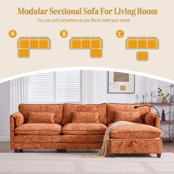 English Elm United Oversized Sectional Sofa With Movable Ottoman, Usb Ports & Modern Chenille For Cozy Living Spaces W1568S00188-GIGA
