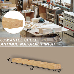 English Elm Fireplace Mantel, 60" Handcrafted Solid Pine Floating Shelf, Lightweight Wall Display For Rustic Elegance T3210P391510