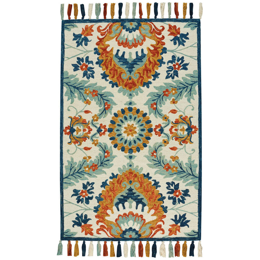 Capel Rugs Gypsy-manihari Sunset Multi Rug - Hand-tufted Wool With Vibrant Floral Design & Eclectic Fringe Sunset Multi, Blue 100% Wool 2582rs03060506645