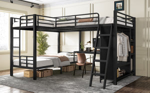 English Elm L-shaped Triple Bunk Bed with Desk Wardrobe Metal Frame for Teen Shared Rooms W5305S00003