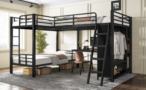 English Elm L-shaped Triple Bunk Bed with Desk Wardrobe Metal Frame for Teen Shared Rooms W5305S00003