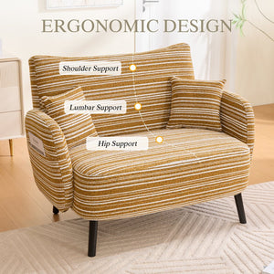 English Elm Modern tufted two-seater sofa with boucle upholstery, tapered legs, storage pockets, cozy compact design Mustard yellow W395P376588
