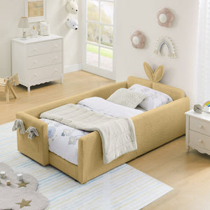 English Elm Twin Boucle Upholstered Kids Bed with Rabbit Ear Headboard Safety Rail and Side Pocket W1413P410784